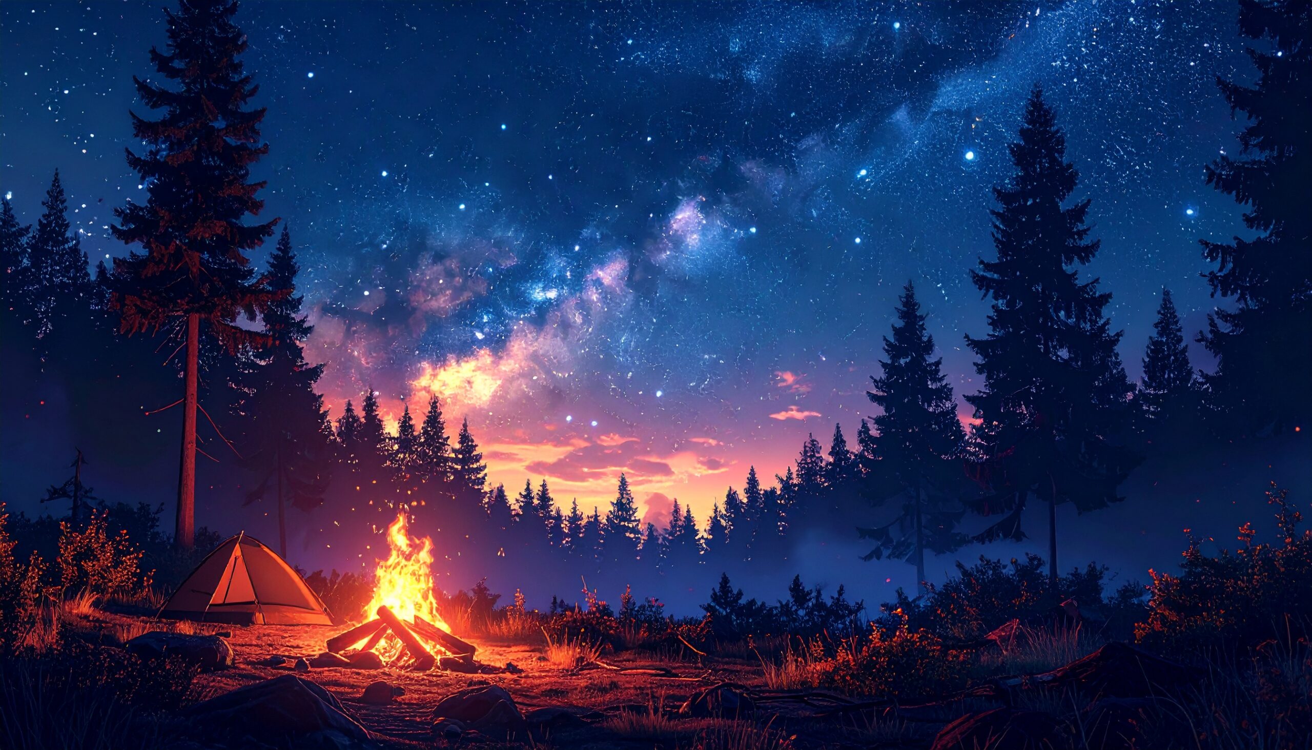 ソロキャンプ、夜の焚火で満天の空